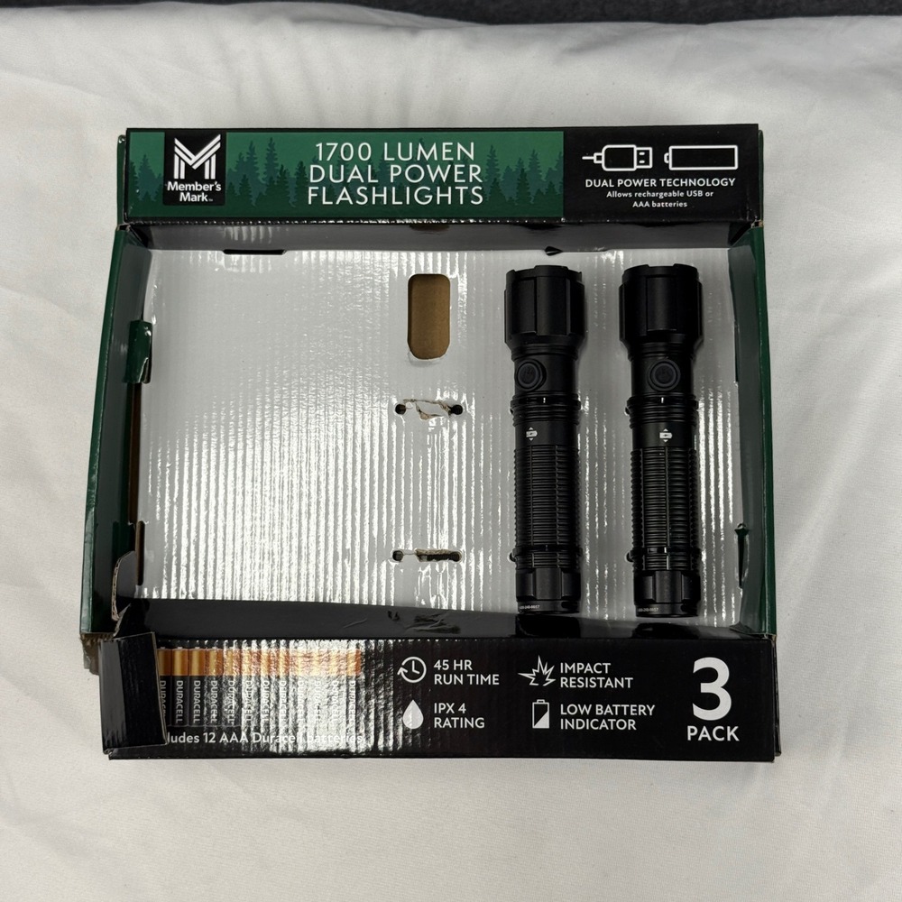Member's Mark 1700 Lumen Dual Power LED Flashlights 2-Pack Black Aluminum IPX4